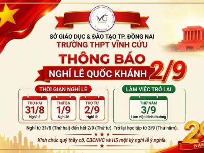 THÔNG BÁO LỊCH NGHỈ LỄ 2/9 CỦA TRƯỜNG THPT VĨNH CỬU